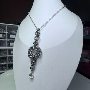 Handmade Steel Chainmaille Necklace with Selenite Crystal Pendant